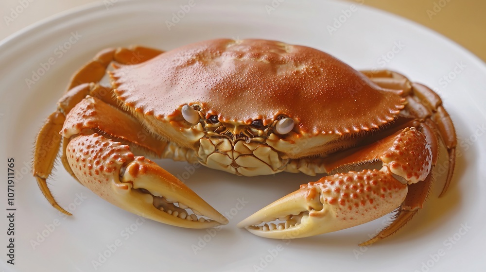 19.A single hairy crab, perfectly steamed and placed on a white plate, with its claws and legs spread. The rough, textured shell is highlighted, and the crab’s body is opened to reveal the rich, 19.A single hairy crab, perfectly steamed and placed on a white plate, with its claws and legs spread. The rough, textured shell is highlighted, and the crab’s body is opened to reveal the rich,