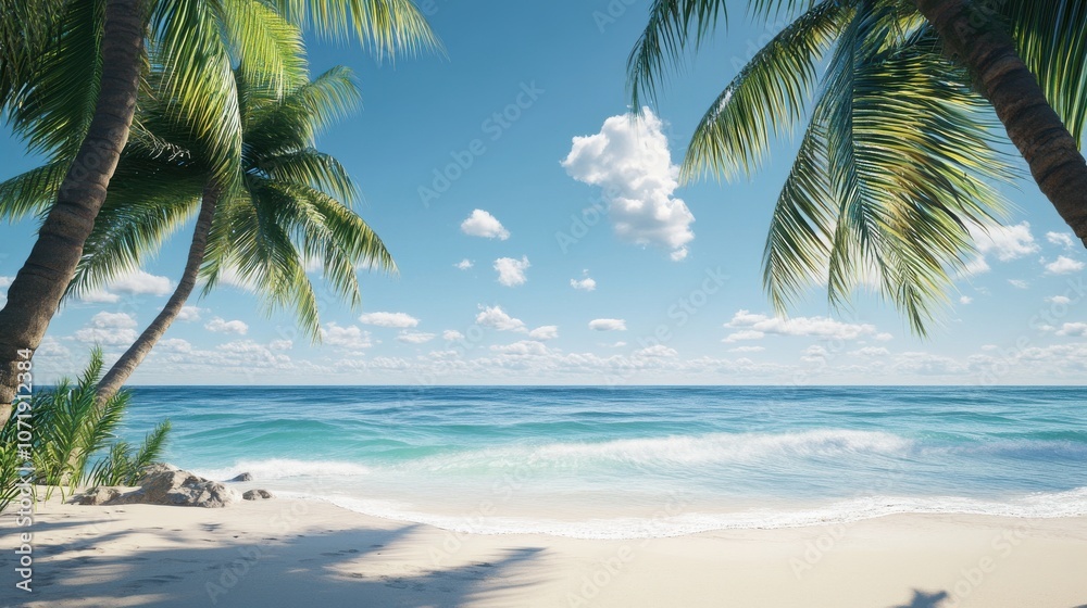 Obraz premium A serene tropical beach scene with lush palm trees swaying in the gentle breeze under a clear blue sky.