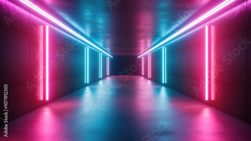 A futuristic corridor is illuminated with vibrant blue and pink neon lights, creating a visually stunning and immersive environment that suggests a sense of infinity.