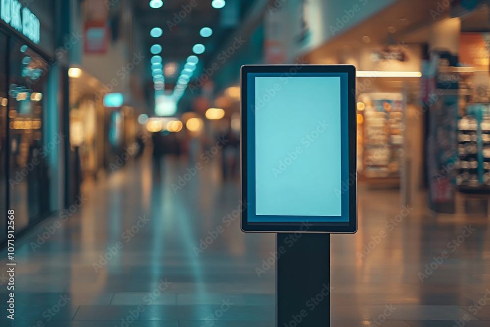 A blank digital display in a modern shopping mall with blurred background, ideal for advertising or information display mockups. A blank digital display in a modern shopping mall with blurred background, ideal for advertising or information display mockups.