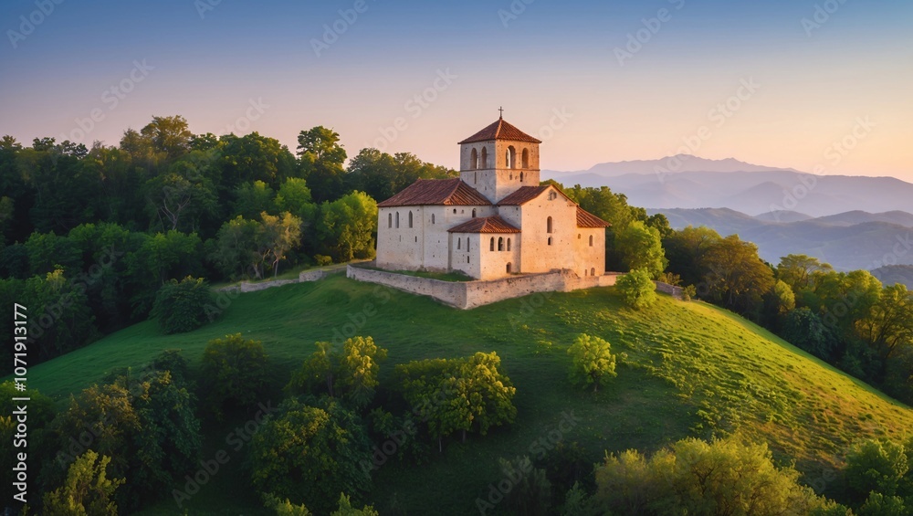 Fototapeta premium Ancient Monastery on Verdant Hill at Dusk