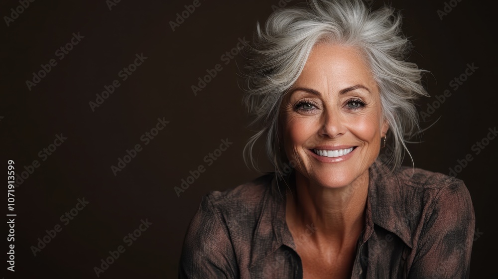 An elegant older woman with a confident smile poses gracefully against a dark background, her silver hair styled beautifully, showcasing natural grace and poise. An elegant older woman with a confident smile poses gracefully against a dark background, her silver hair styled beautifully, showcasing natural grace and poise.