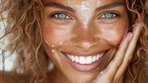 A radiant woman with freckles and wet hair joyfully applies a skincare product to her face, emphasizing beauty and self-care in a close-up shot. photo