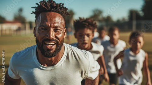 A joyful man runs energetically ahead of a group of children on a sunny day, representing happiness, leadership, vitality, and the positive spirit of outdoor recreation. photo