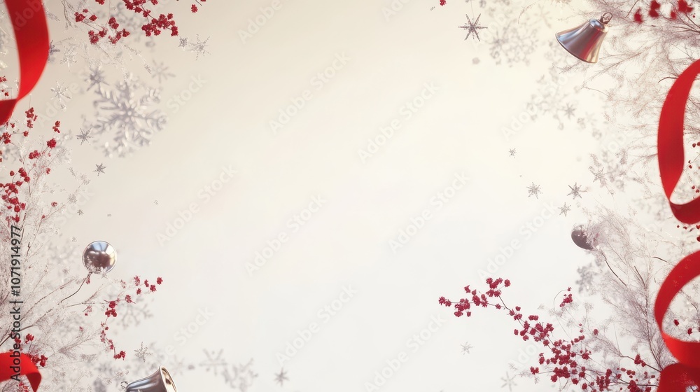 Naklejka premium A beautifully crafted winter wreath features lush evergreen branches and vibrant red ribbons, creating a festive atmosphere perfect for the holiday season. Snow delicately blankets the design.