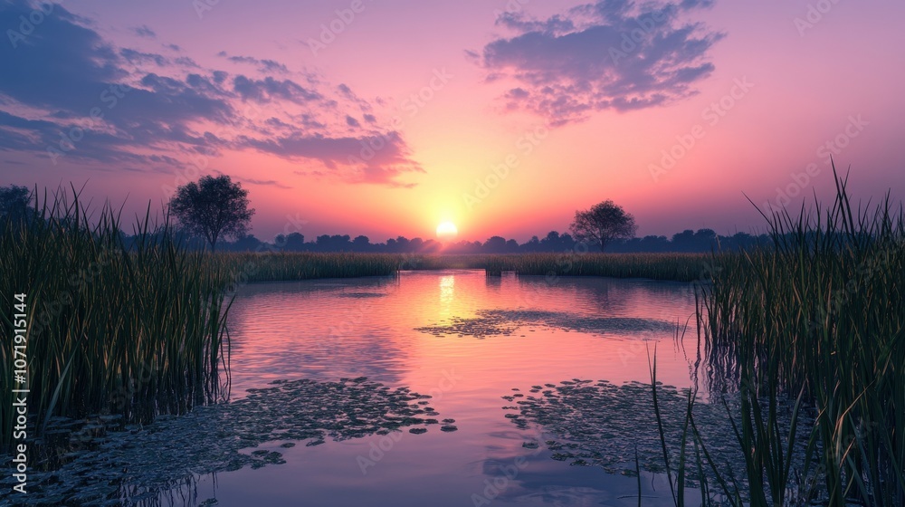 Obraz premium Tranquil sunset over a serene lake, with vibrant hues reflecting off the water's surface and lush greenery surrounding.