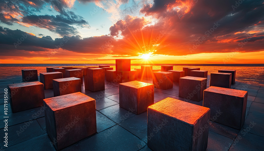 Obraz premium A stunning sunset illuminating geometric structures by the water, creating a serene scene.