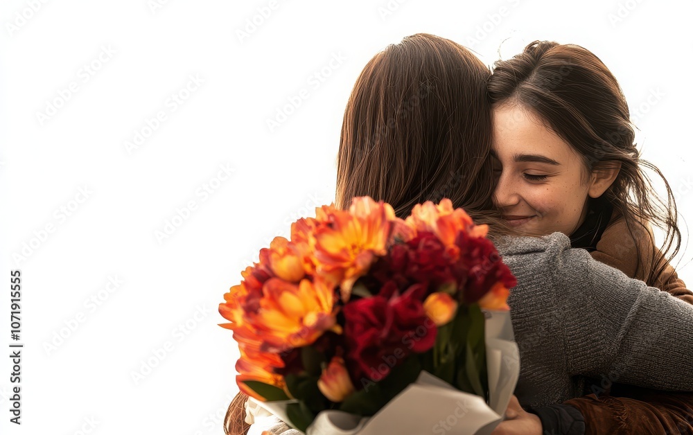 A warm embrace between a young woman and her mother, with a bouquet of flowers, celebrating Mother's Day. A warm embrace between a young woman and her mother, with a bouquet of flowers, celebrating Mother's Day.