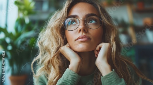 A portrait of a woman wearing round glasses, resting her chin on her hands, looking upwards thoughtfully in a sunlit, plant-filled interior setting.