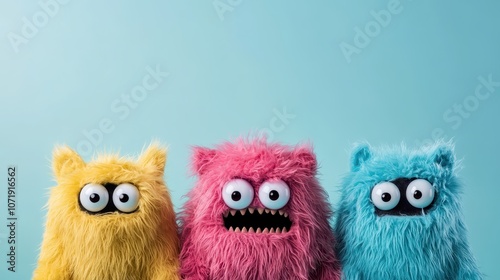 Three bright, furry monsters in yellow, pink, and blue with wide eyes and unique expressions, creating a playful and whimsical atmosphere loaded with fun. photo