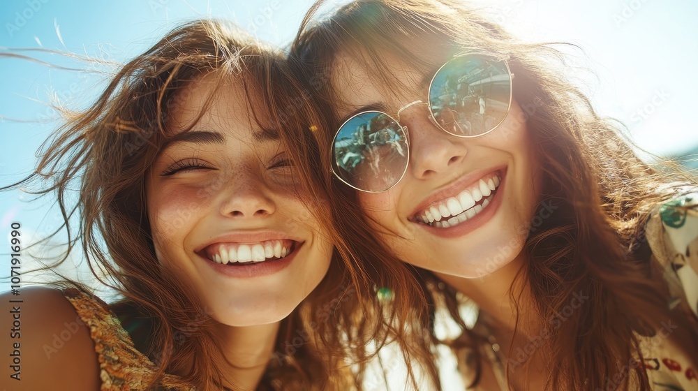 Fototapeta premium Two friends are captured from a close angle on a sunny day, smiling widely, with sunshine illuminating their joyful expressions, representing friendship and happiness.