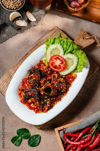 Fried eel or belut goreng with sambal balado is a Indonesian traditional food  photo