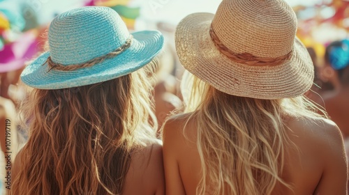 Back view of two friends wearing straw hats, immersed in a sunny outdoor gathering, symbolizing friendship, summer joy, and carefree relaxation under the sun. photo