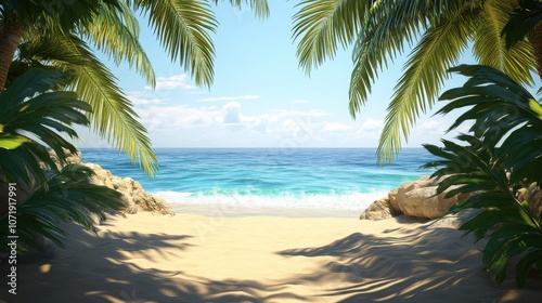 Fototapeta Naklejka Na Ścianę i Meble -  Tranquil beach scene with vibrant blue waters and lush palm trees, inviting relaxation and serenity.