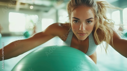 A focused young woman performs a fitness routine using a green yoga ball in a brightly lit gym, capturing a moment of strength and concentration. photo