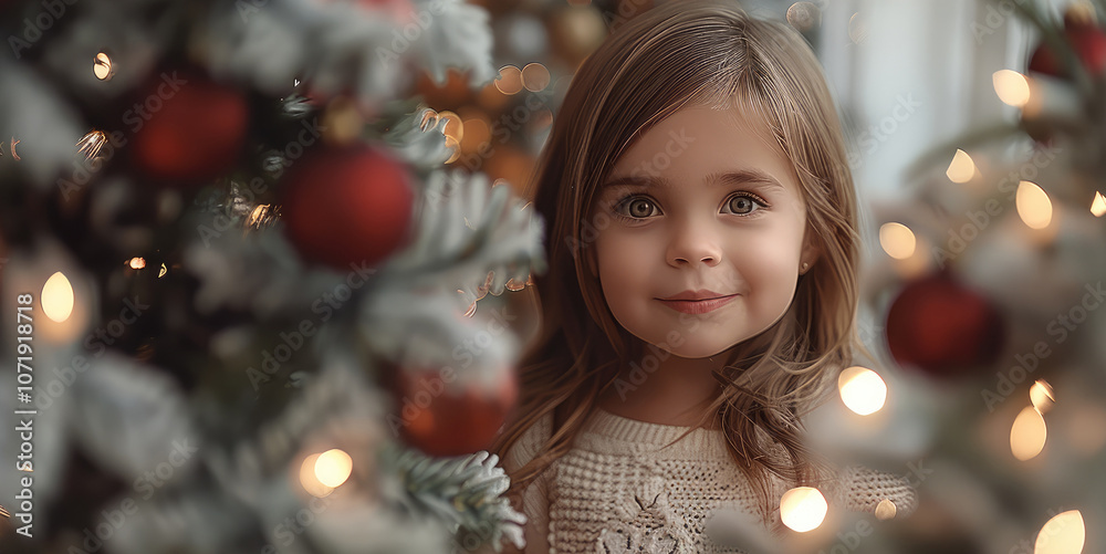 Little Girl Decorating Christmas Tree, winter holidays and people concept. Little Girl Decorating Christmas Tree, winter holidays and people concept.