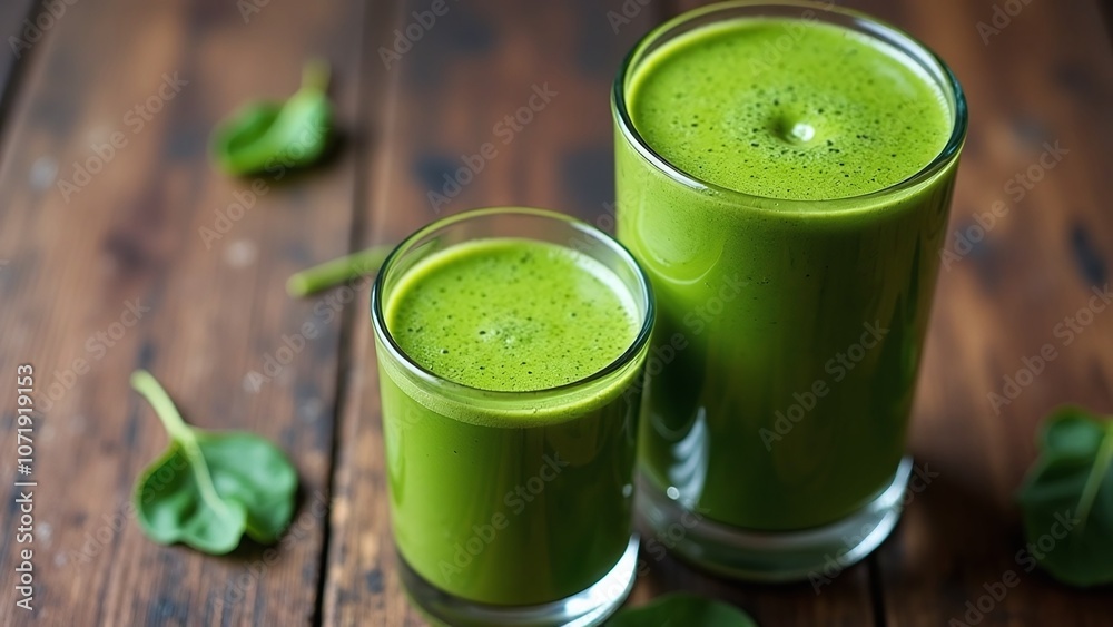 Two glass containers with green smoothie scene, rustic and smoothie-filled Two glass containers with green smoothie scene, rustic and smoothie-filled