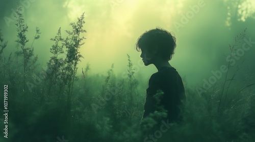 Lonely Child on the Meadow Anime Illustration Style Dark Moody Wallpaper Generative AI