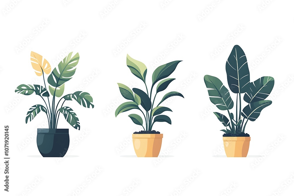 Collection home plants. Potted plants isolated on white. Vector set green plants. Trendy home decor with indoor plants, planters, tropical leaves. Flat.
