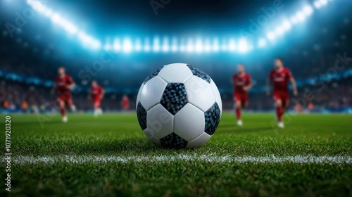 A close-up of a soccer ball in focus on the grass, with players in red uniforms running behind it in a brightly lit stadium.