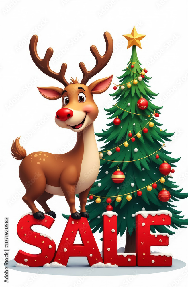 Fototapeta premium decorated christmas tree and red letters sale, next to a deer with antlers