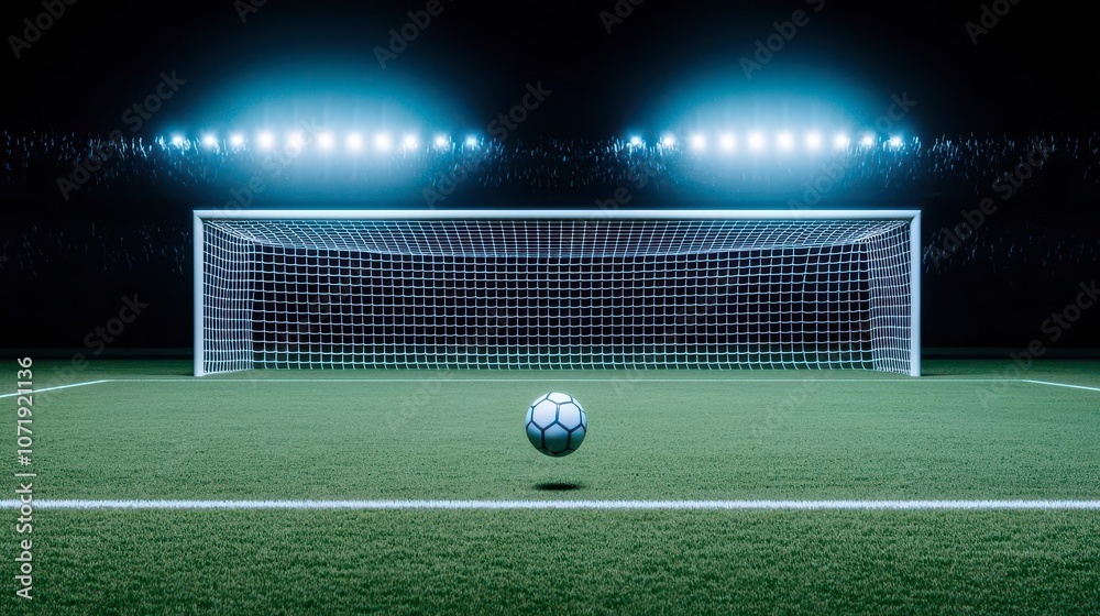 Fototapeta premium A vibrant soccer goal illuminated by bright stadium lights, with a ball poised on the field, ready for action in a dramatic night setting.