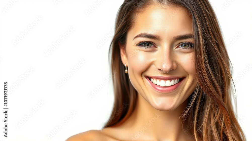 A young woman with long brown hair smiles brightly at the camera A young woman with long brown hair smiles brightly at the camera