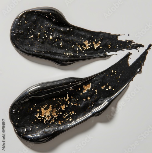 Close-up Smears of thick black shilajit resin with gold flecks on a white background. The rich dark substance is distributed in a circular pattern emphasised by gold flecks. photo