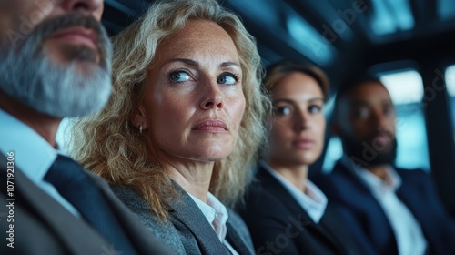 A focused group of business professionals sit in a serious meeting setting, displaying attentiveness and intensity as they engage in crucial discussions.