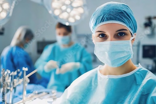 Focused female surgeon in operating room with team