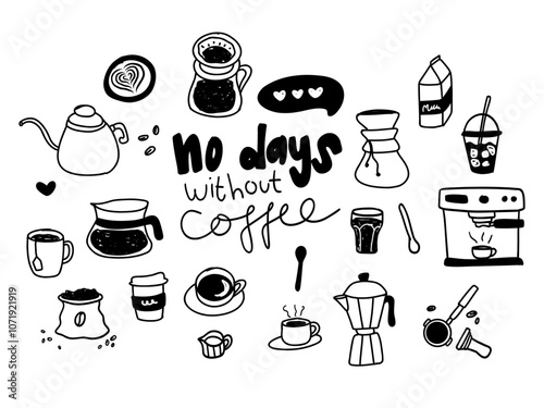Set of coffee shop elements doodle hand drawn