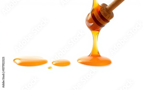 A wooden honey dipper drips honey onto a white surface, leaving a small puddle and several droplets photo