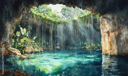 Watercolor Ik-Kil Cenote - Lovely cenote in Yucatan Peninsulla with transparent waters and hanging roots. Chichen Itza, Mexico