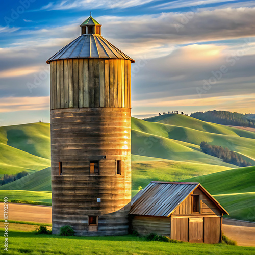 Weathered Silo Standing Strong Against the Rolling Hills and Open Sky photo