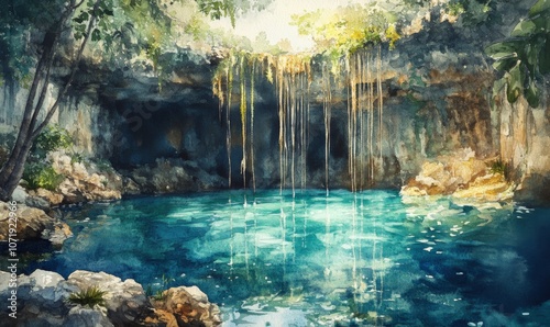 Watercolor Ik-Kil Cenote - Lovely cenote in Yucatan Peninsulla with transparent waters and hanging roots. Chichen Itza, Mexico photo