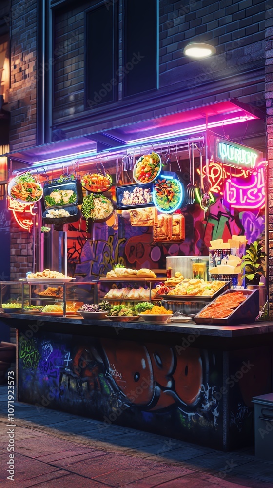 Obraz premium Tilted angle view of a vibrant street food stall