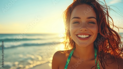 A joyful woman with red hair smiles broadly as she enjoys a sunny day at the beach. The vivid colors and tranquil setting highlight her carefree spirit.