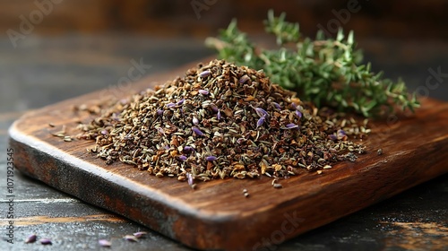 Closeup of finetextured dry thyme leaves a wooden board with earthy tones perfect as a flavorenhancing dry ingredient photo