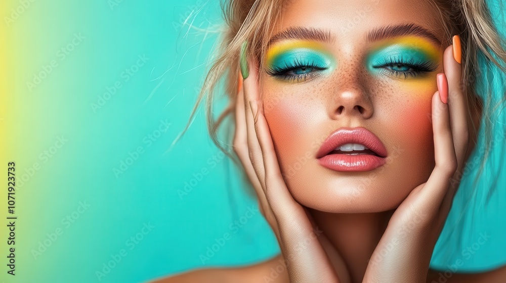 Fototapeta premium A close-up of a person wearing vibrant eyeshadow and blush, set against a turquoise background, showcasing detailed makeup artistry and expression.