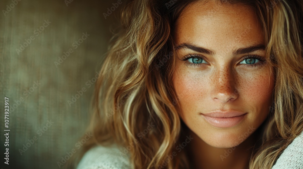 Naklejka premium Close-up shot of a woman with freckles, displaying natural beauty. Her hair is loose and wavy, and she wears a soft expression, enhancing the image's natural essence.