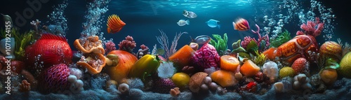 Colorful fruits and fish in a vibrant underwater scene. photo