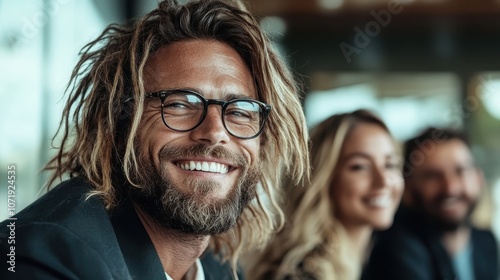 A man with dreadlocks and glasses displays a friendly and warm smile, with two people slightly blurred in the background, creating a cheerful atmosphere indoors.