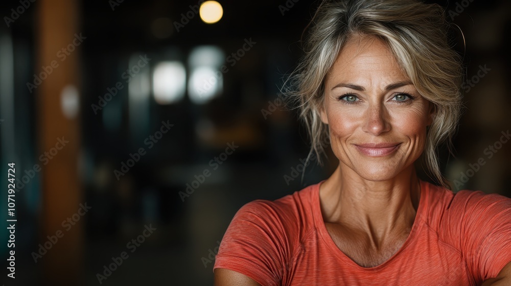 Obraz premium A confident woman in an orange shirt smiles warmly in a dimly lit gym environment, representing strength, motivation, and a zest for fitness and life.