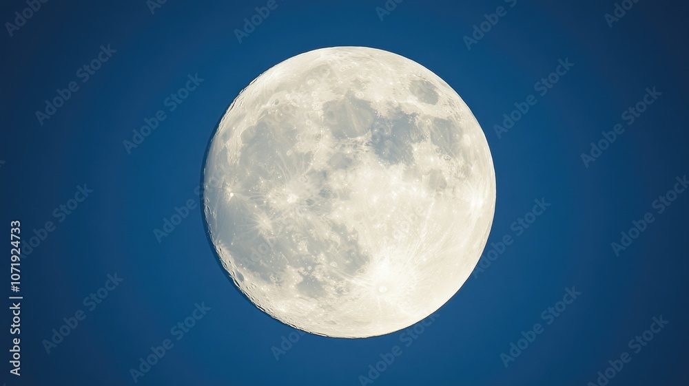 Clear full moon against deep blue sky, showcasing lunar texture and detail Clear full moon against deep blue sky, showcasing lunar texture and detail