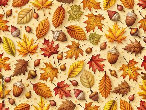 Autumn Leaf Pattern with Acorns, Maple, and Oak Leaves in Warm Tones
