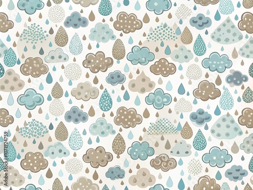 Whimsical Cloud and Raindrop Pattern with Pastel Blue and Gray