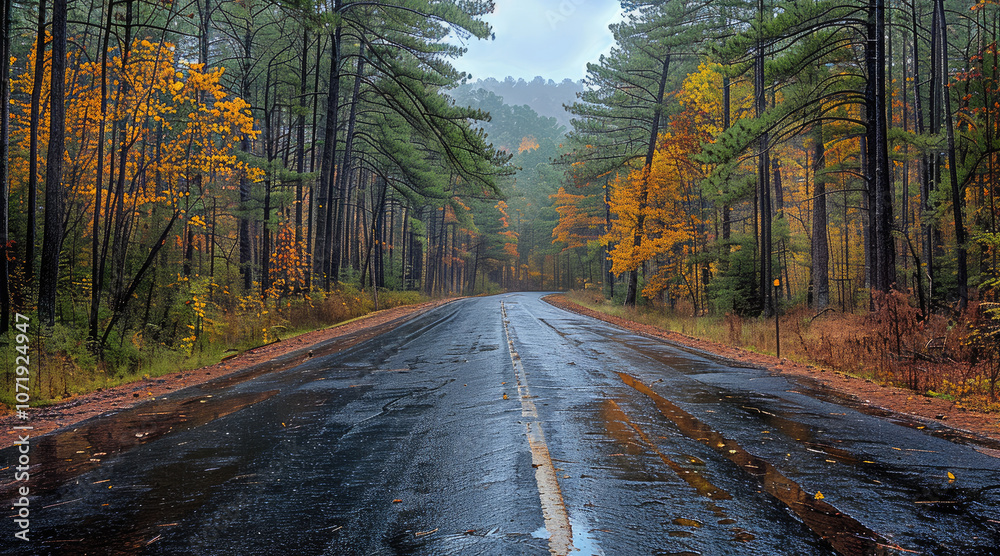 Fototapeta premium A narrow asphalt road winds through a dense, shadowy forest of towering pine trees. The road is slick, glistening from a recent rain, with patches of mist rising up from the surface.