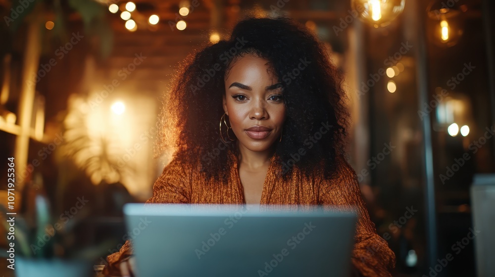A determined lady with curly hair sits at her laptop in a warmly lit environment, symbolizing concentration, creativity, and modern work-life balance. A determined lady with curly hair sits at her laptop in a warmly lit environment, symbolizing concentration, creativity, and modern work-life balance.