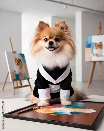 Confident Pomeranian Posing with Artwork in Studio Setting photo