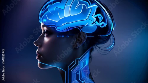 Woman head close up with a digital brain with futuristic blue light technology on a black background